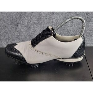 FootJoy Golf Shoes Wingtip Leather Spiked Black‎ White Womens Sz 6.5M Classic
